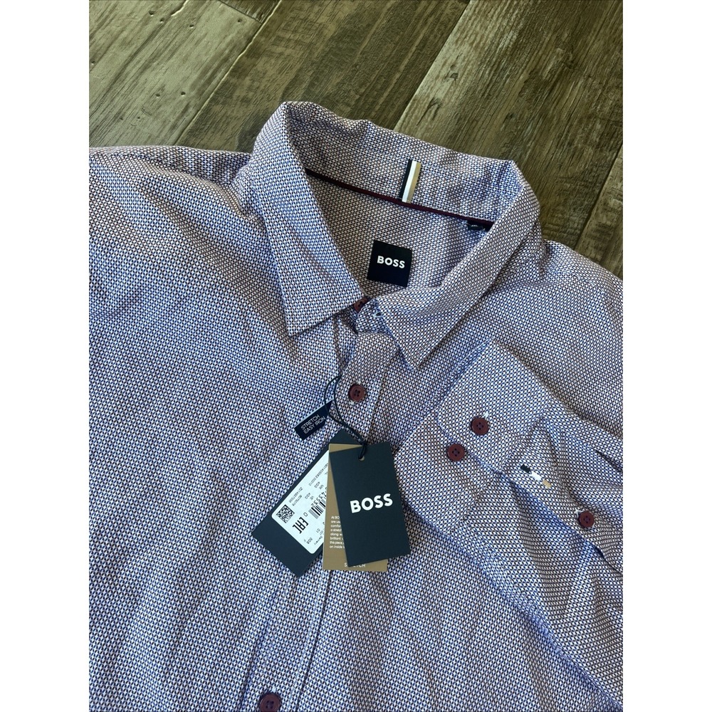HUGO BOSS Mens Stretch Shirt Model Liam-Kent Regular Fit Red Geometric Size 4XL‎